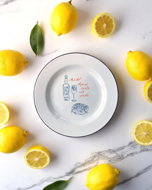 ASAP, Aperol Spritz and pasta, enamel plate