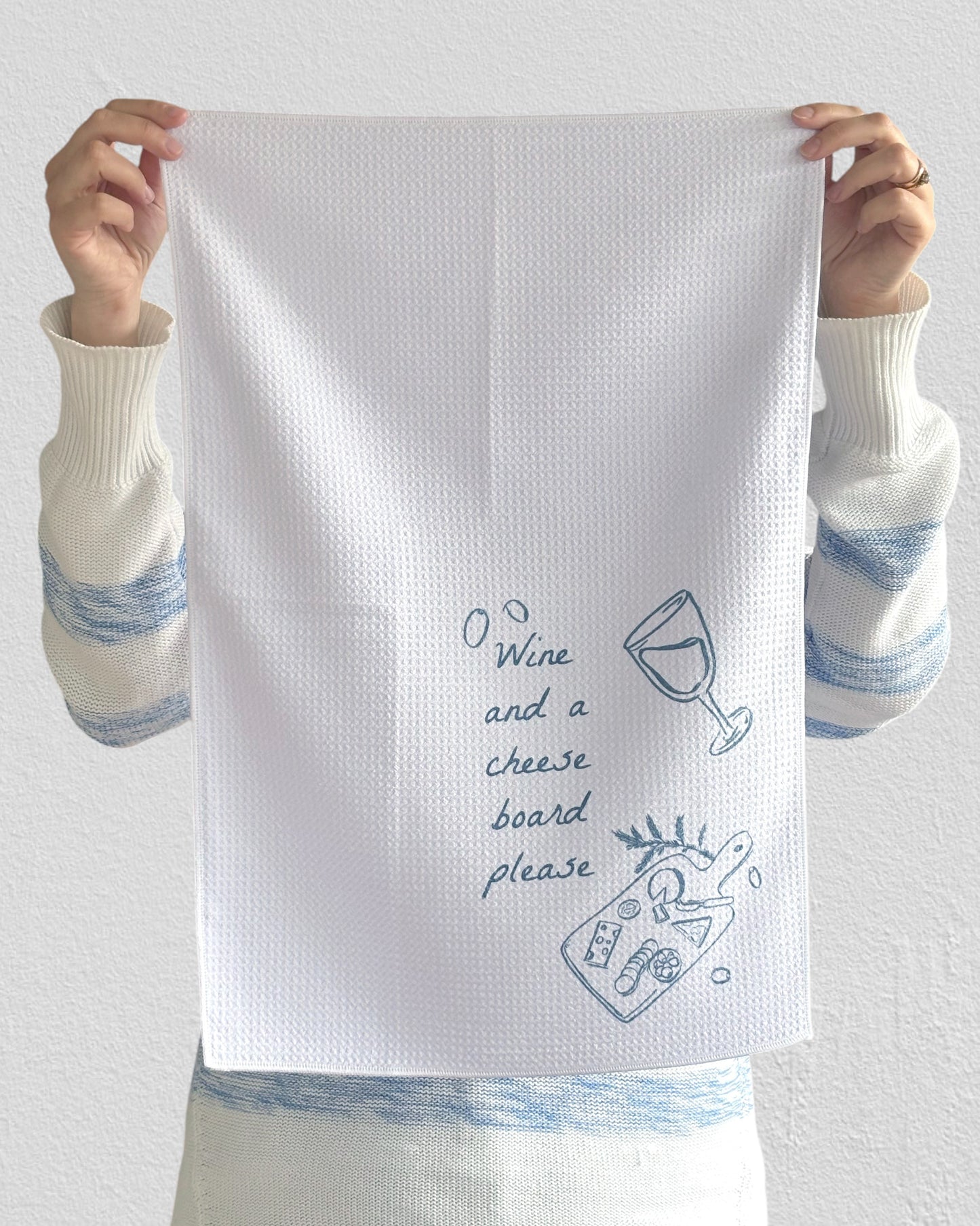 Wine and a cheese board, waffle tea towel